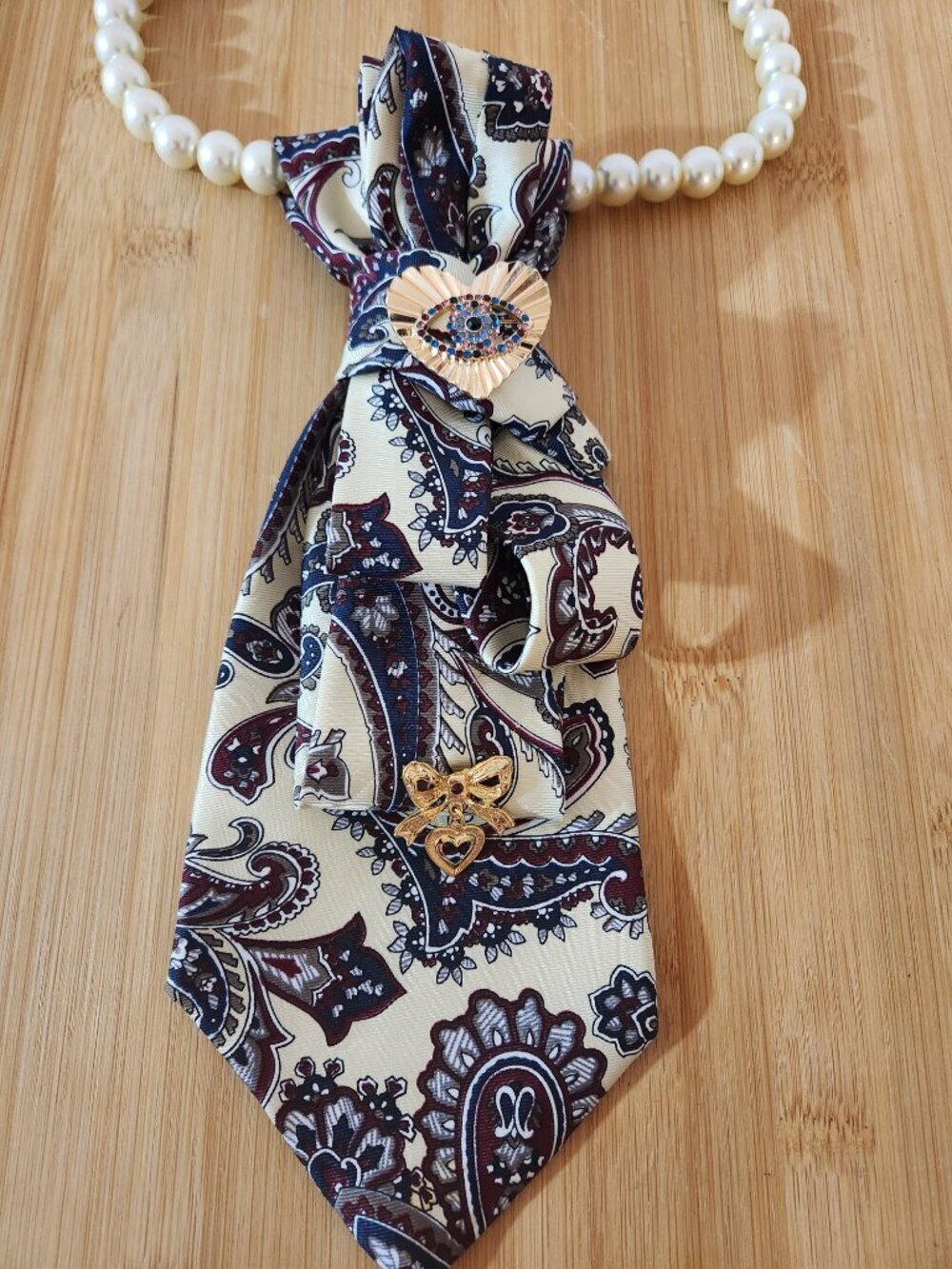 Necktie Necklace with Brooch and Handmade Pearl Necklace Blue Maroon White
